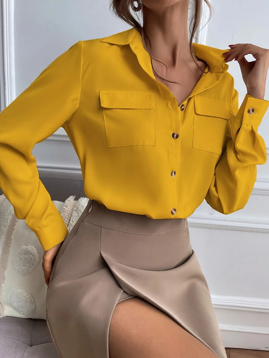 SHEIN Privé Solid Collared Button Up Flap Pocket Shirt - Yellow - View 1
