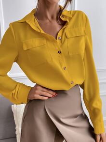 SHEIN Privé Solid Collared Button Up Flap Pocket Shirt - Yellow - View 3