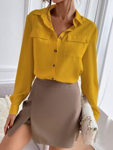 SHEIN Privé Solid Collared Button Up Flap Pocket Shirt - Yellow - View 4