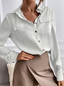 Chiquease 素色翻領前排扣翻蓋口袋襯衫 - 白色 - 查看 4