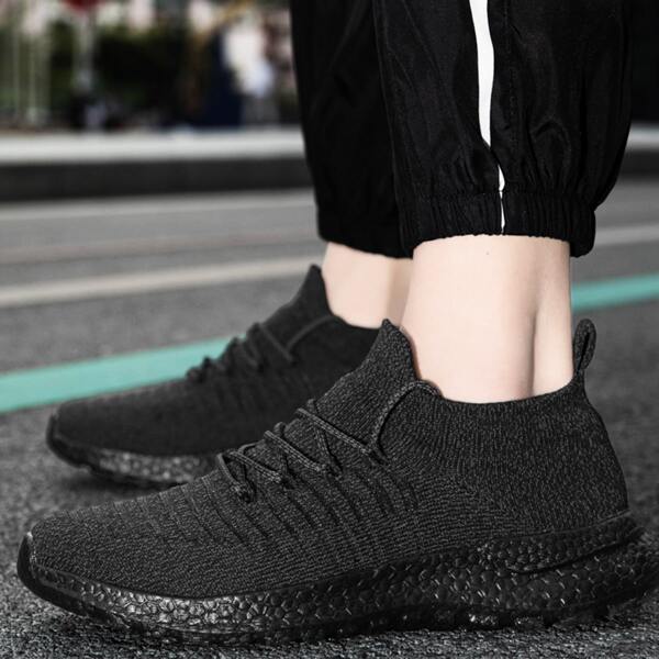 

Men Minimalist Lace Up Decor Knit Sneakers, Black