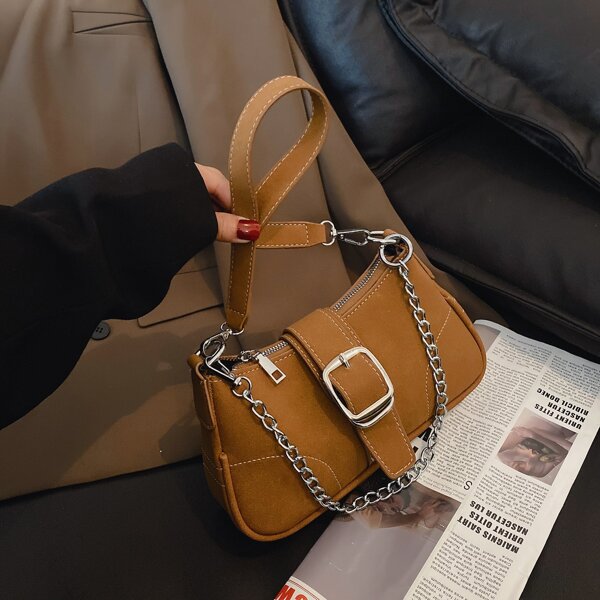 

Buckle Decor Chain Baguette Bag, Khaki