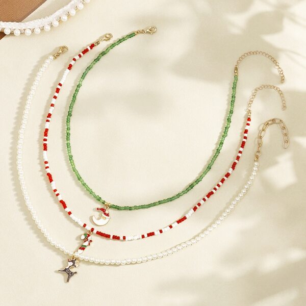 

3pcs Christmas Beaded Necklace, Multicolor