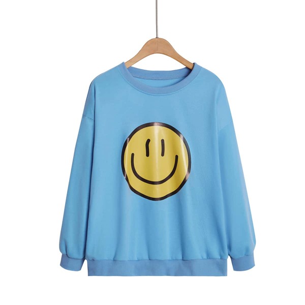

Plus Smile Face Print Sweatshirt, Baby blue
