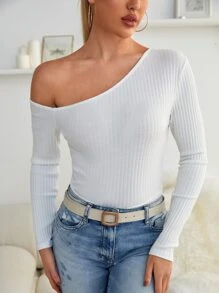不對稱領螺紋針織修身T恤 - 白色 - 查看 1