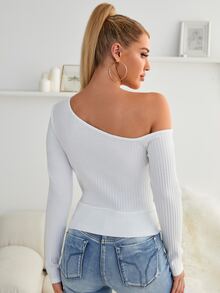 不對稱領螺紋針織修身T恤 - 白色 - 查看 2