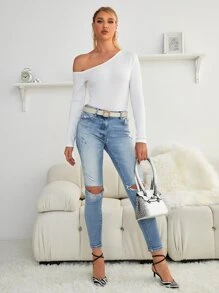 不對稱領螺紋針織修身T恤 - 白色 - 查看 4