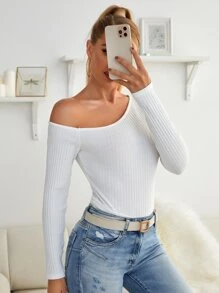 不對稱領螺紋針織修身T恤 - 白色 - 查看 5