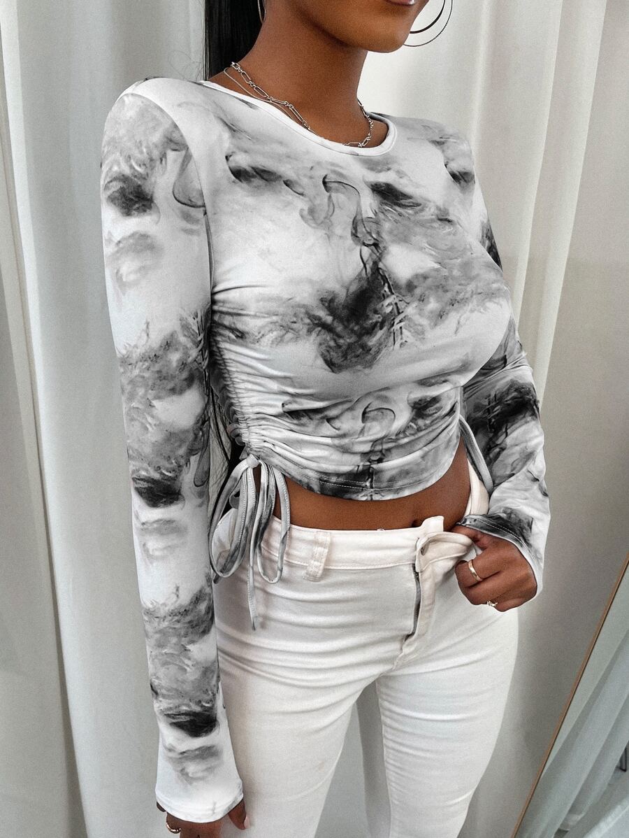 SHEIN LUNE Tie Dye Ruched Drawstring Knot Crop Tee Graphic Tees Women Tops Fall Cloth For Women - Black and White - View 1