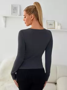 Chiquease Solid Criss Cross Front T-Shirt Fall Cloth For Women - Dark Grey - View 2