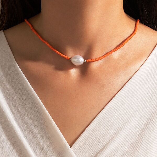 

Faux Pearl Decor Beaded Necklace, Orange