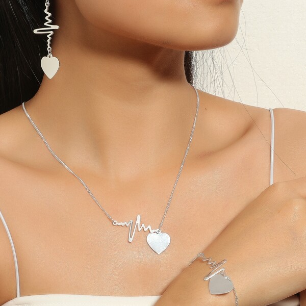 

4pcs Heart Pendant Jewelry Set, Silver