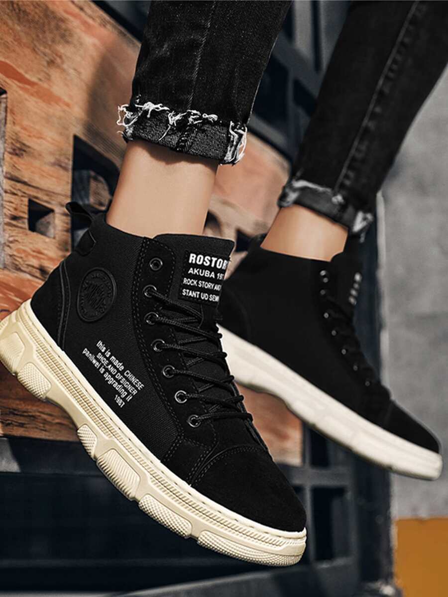 Men Letter Graphic Combat Boots - Black - View 1