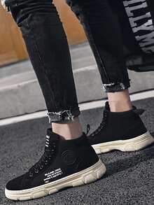 Men Letter Graphic Combat Boots - Black - View 2