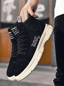 Men Letter Graphic Combat Boots - Black - View 3