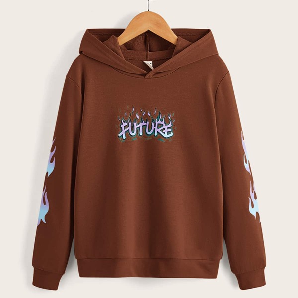 

Boys Letter & Fire Print Hoodie, Coffee brown