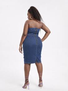 SHEIN SXY 大碼扣眼前繫帶後背開衩緊身牛仔抹胸洋裝 - 深色水洗藍 - 查看 2