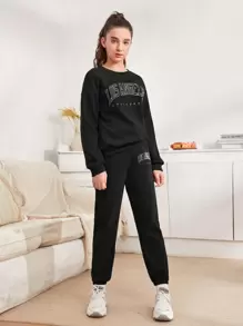 SHEIN Teen Girls Letter Graphic Pullover & Sweatpants Set - Black - View 1
