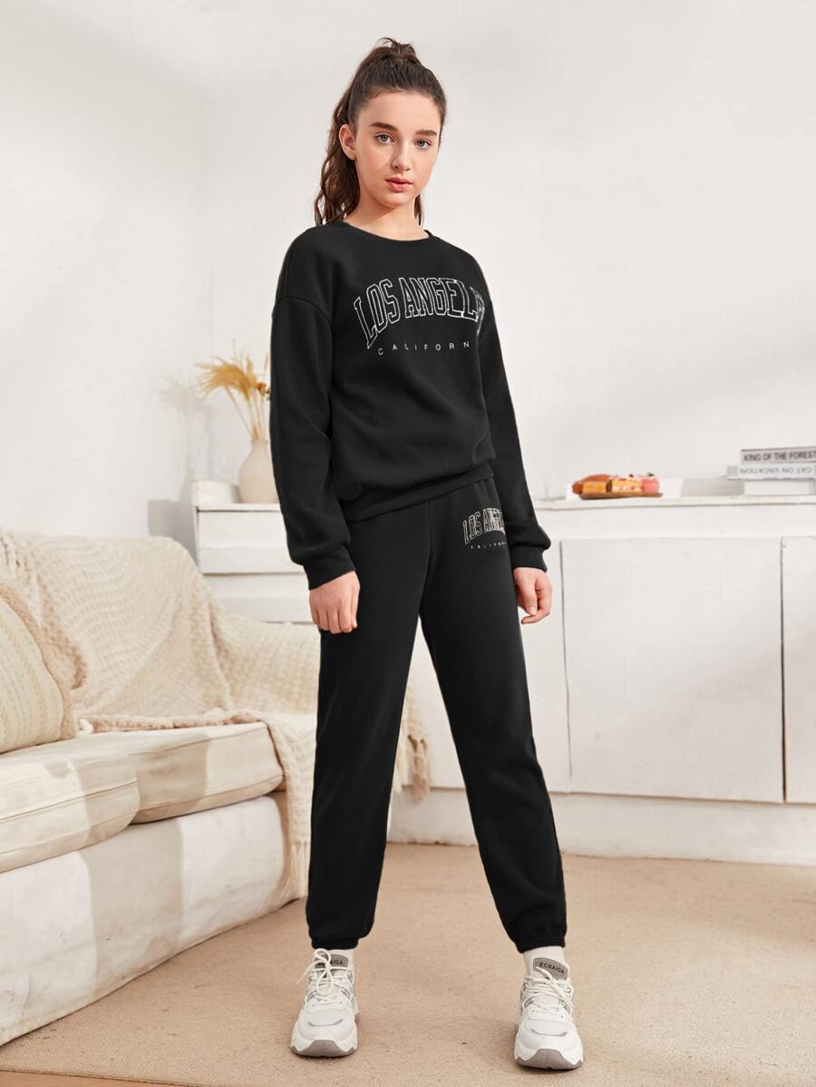 SHEIN Teen Girls Letter Graphic Pullover & Sweatpants Set - Black - View 1