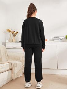 SHEIN Teen Girls Letter Graphic Pullover & Sweatpants Set - Black - View 2