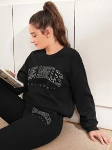 SHEIN Teen Girls Letter Graphic Pullover & Sweatpants Set - Black - View 3