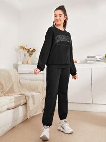 SHEIN Teen Girls Letter Graphic Pullover & Sweatpants Set - Black - View 4