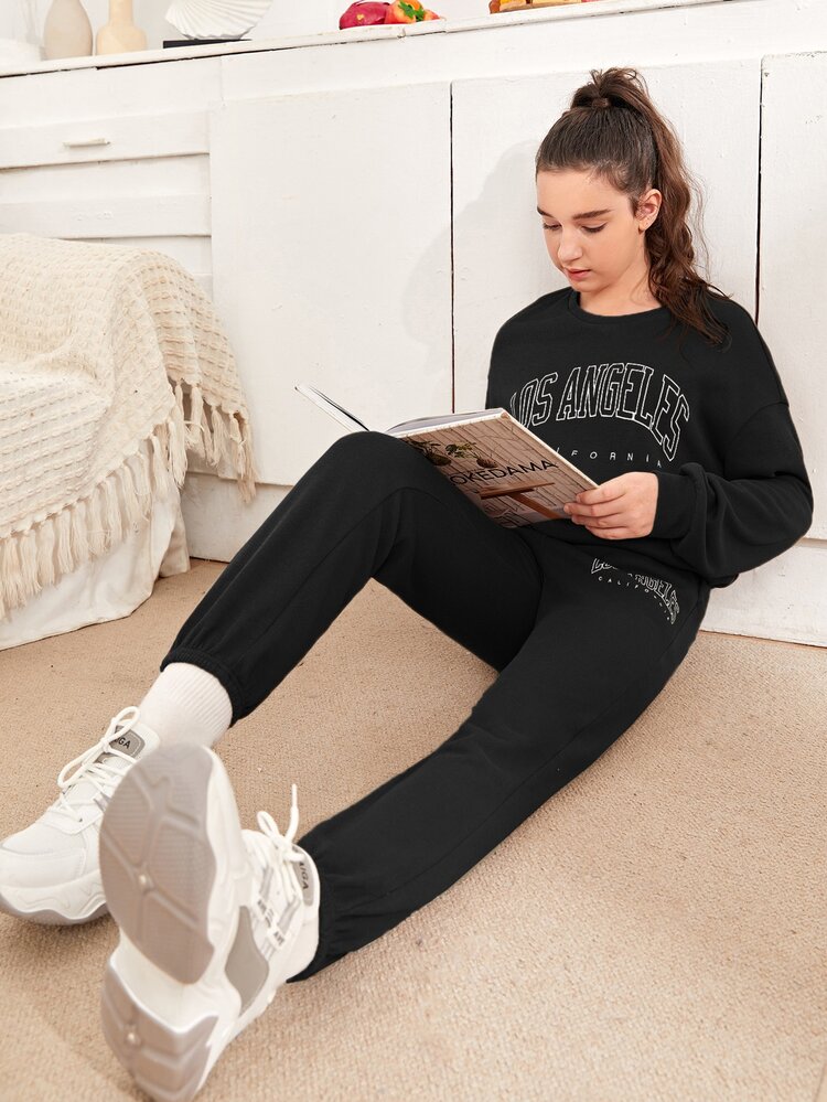 SHEIN Teen Girls Letter Graphic Pullover & Sweatpants Set - Black - View 5