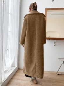Lapel Neck Pocket Patched Teddy Coat - Khaki - View 2