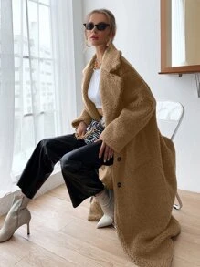 Lapel Neck Pocket Patched Teddy Coat - Khaki - View 3