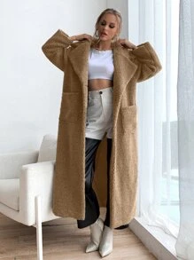 Lapel Neck Pocket Patched Teddy Coat - Khaki - View 4