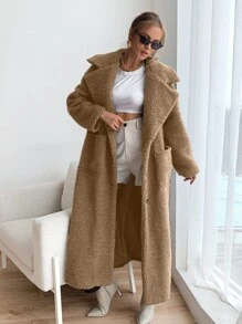 Lapel Neck Pocket Patched Teddy Coat - Khaki - View 5