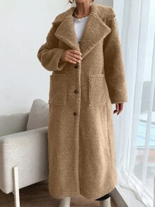 Lapel Neck Pocket Patched Teddy Coat - Khaki - View 7