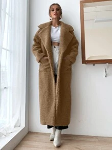 Lapel Neck Pocket Patched Teddy Coat - Khaki - View 6