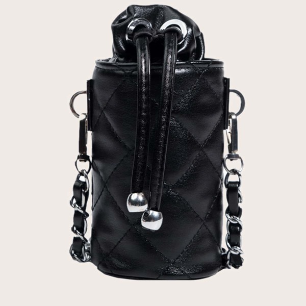 

Minimalist Quilted Drawstring Design Chain Crossbody Bag, Black