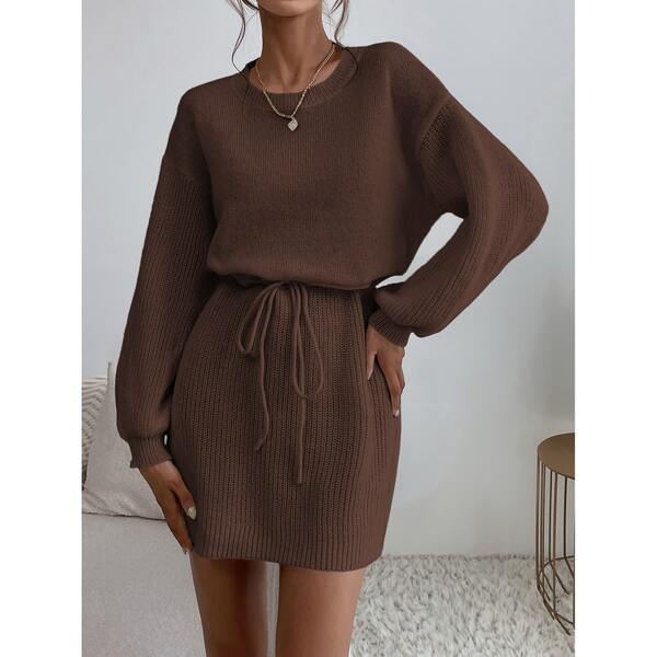 

Ribbed Knit Drop Shoulder Drawstring Waist Sweater Dress, Coffee brown