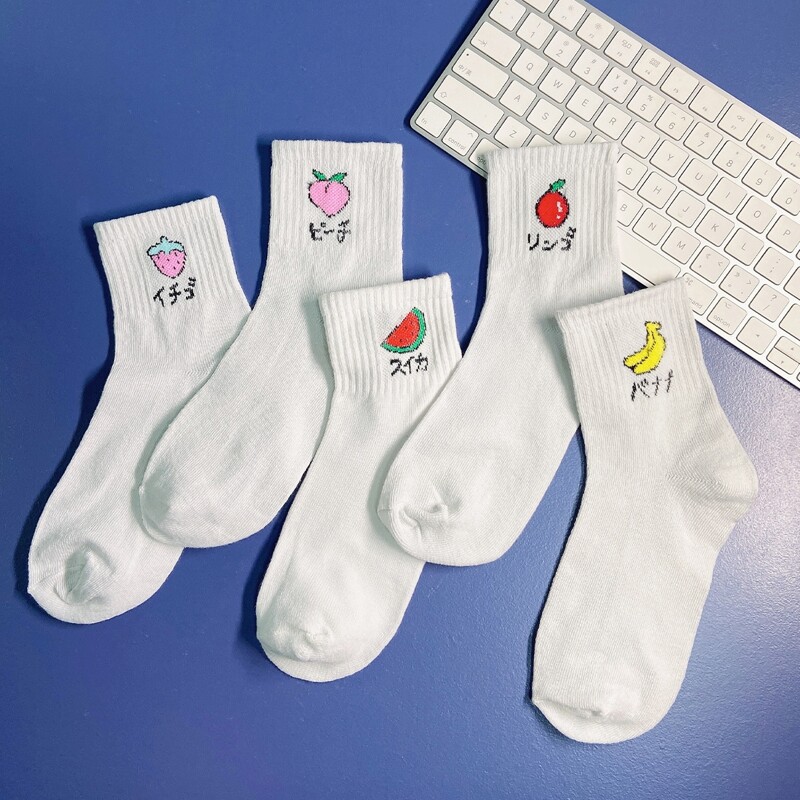 

5pairs Random Fruit Pattern Crew Socks, White