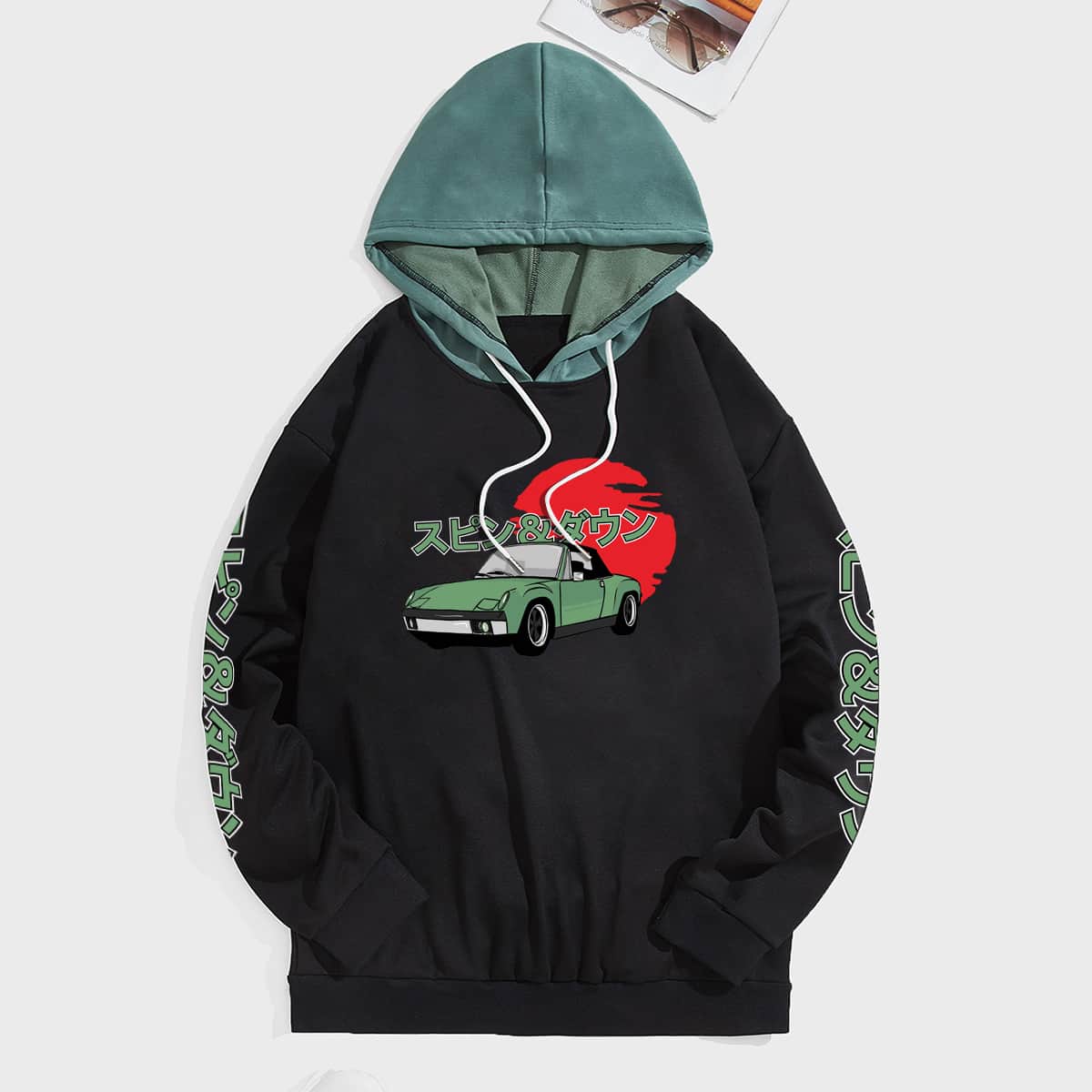

Guys Car Japanese Drawstring Hoodie, Black