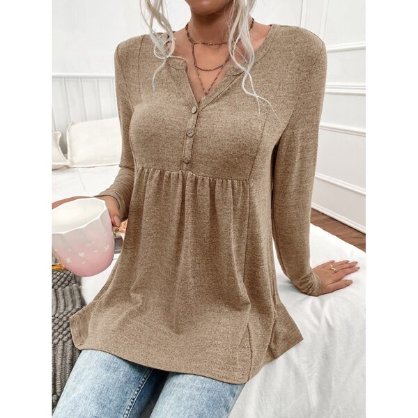 

Solid Button Front Flare Tee, Khaki