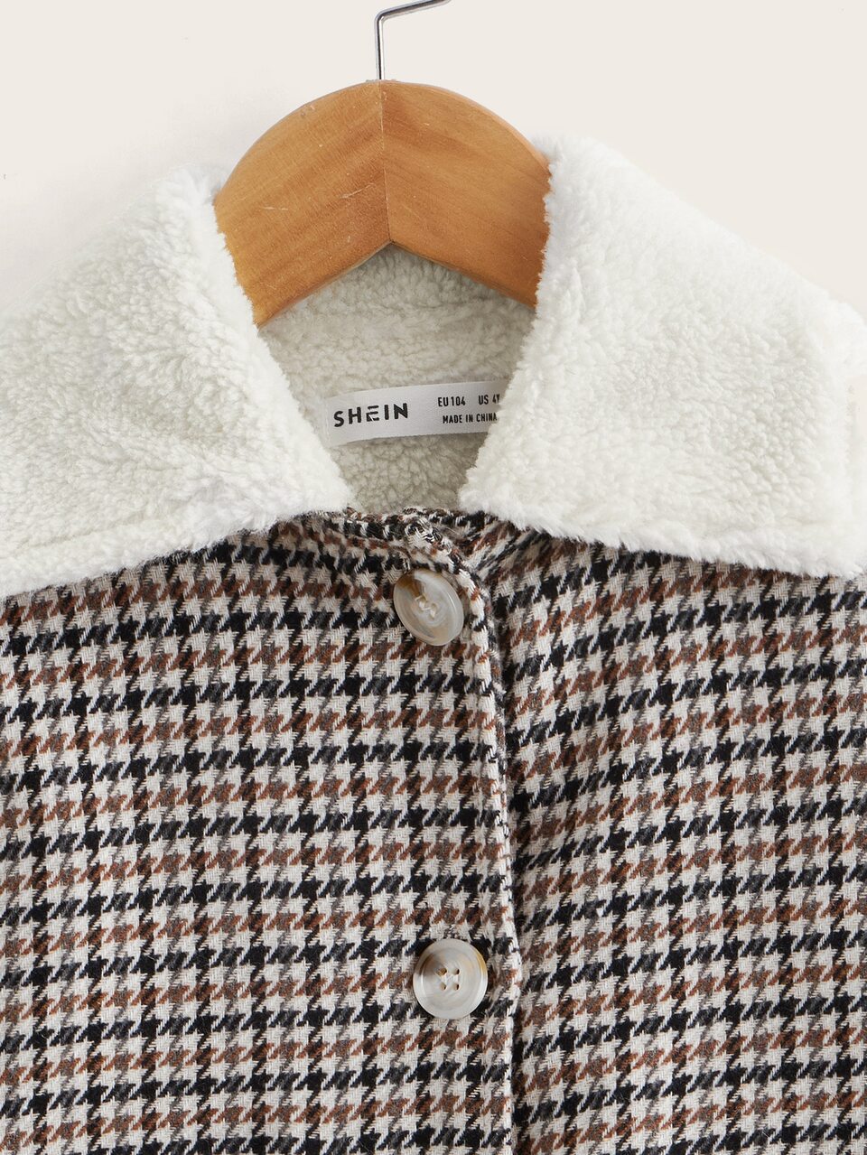 Toddler Girls Houndstooth Borg Collar Dual Pocket Teddy Lined Jacket