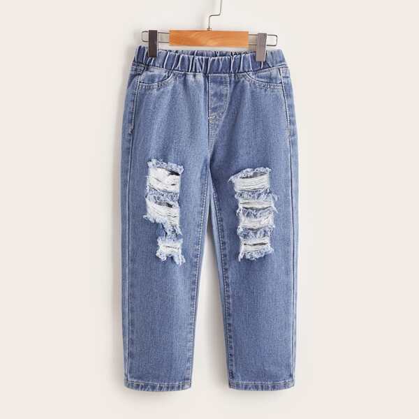 

Toddler Boys Elastic Waist Ripped Jeans, Light wash