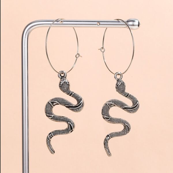 

Snake Design Drop Earrings, Antique silver