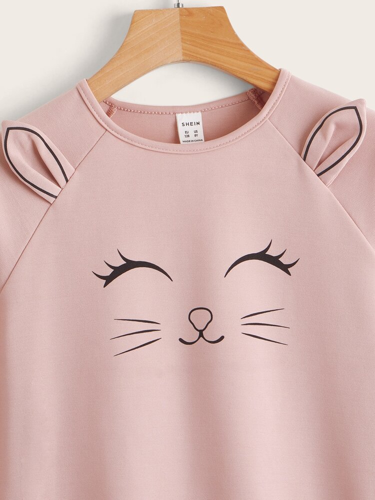 SHEIN Leap Crew Tween Girl Cartoon Graphic 3D Ear Raglan Sleeve Dress - Dusty Pink - View 3