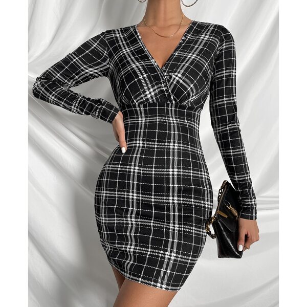 

Plaid Surplice Neck Bodycon Dress, Black