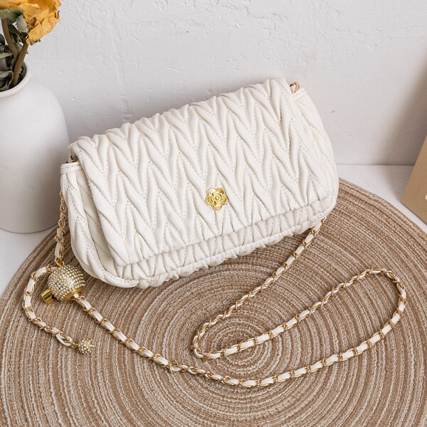 

Textured Floral Detail Square Bag, White