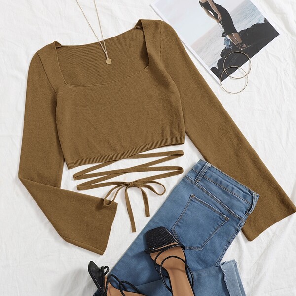 

Square Neck Knot Hem Sweater, Camel