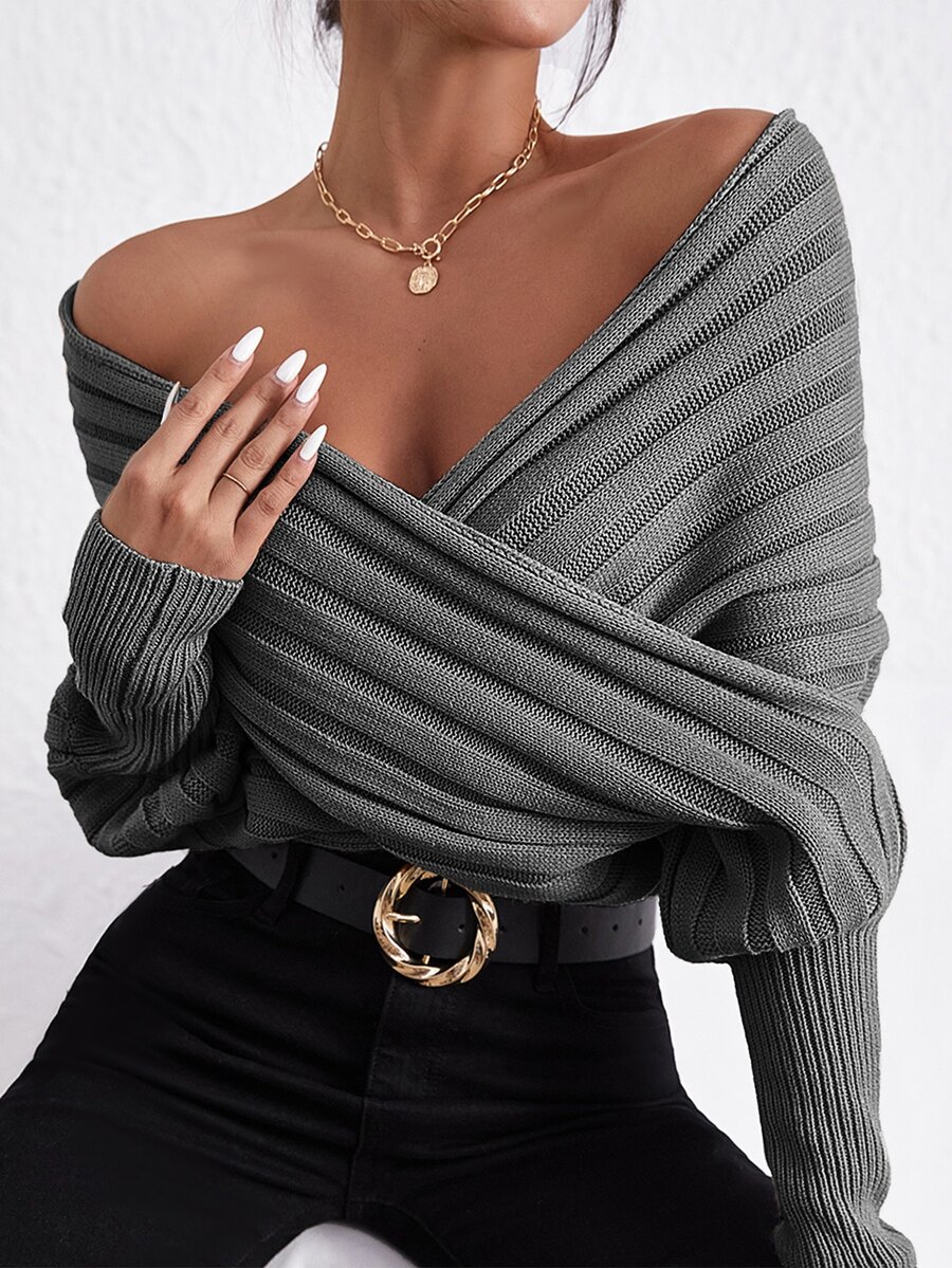Rib Knit Wrap Jumper - Grey - View 1