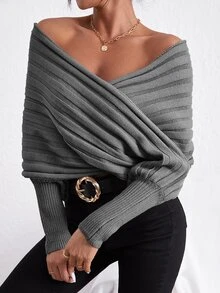 Rib Knit Wrap Jumper - Grey - View 3