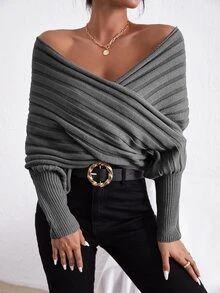 Rib Knit Wrap Jumper - Grey - View 4