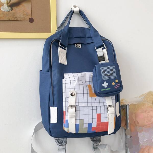 

Plaid Pattern Buckle Decor Functional Backpack With Purse, Blue