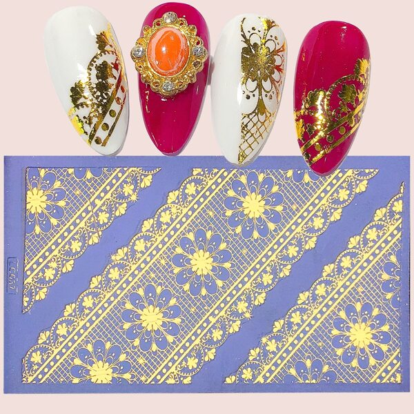 

1sheet Floral Lace Nail Art Sticker, Gold